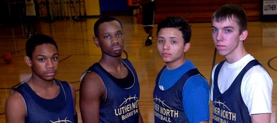 1/22/14 Chicago-Luther North Varsity Basketball players Stevon King, Chris Jenkins, Nate Kurtz and Steven Zanders. Stacia Timonere/for Sun Times Media